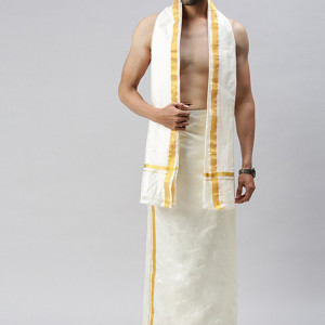 Men Cream-Coloured Solid Pure Silk Dhoti